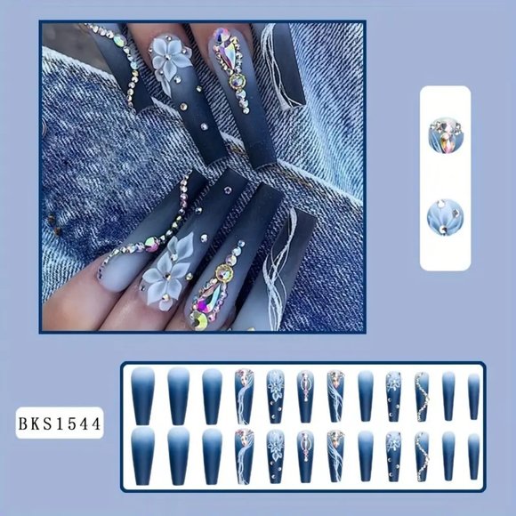 Long Ballerina Press On Nails,Gradient Coffin Fake Nails With Flower Design - Picture 8 of 8